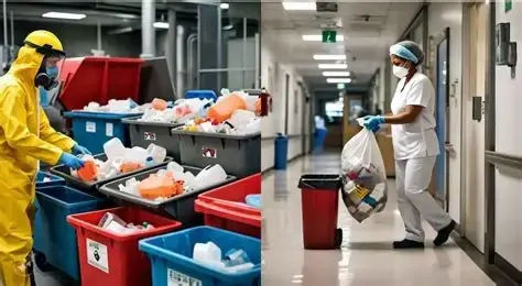 Healthcare workers handling biomedical waste